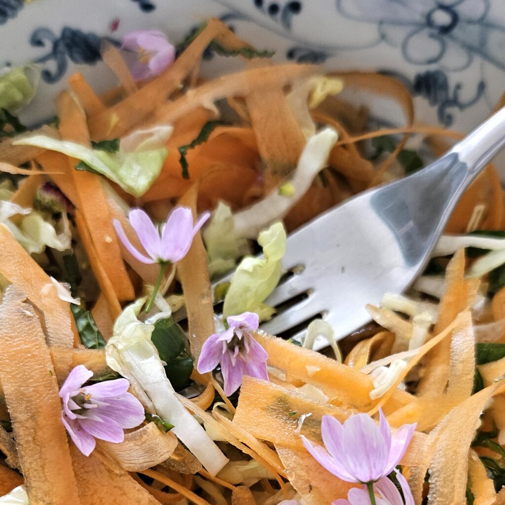 Wildkräuter Gericht mit Karotten und Blüten